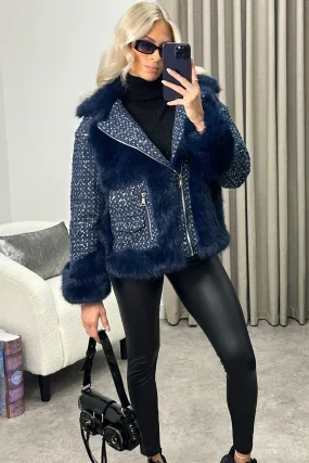 Colleen Navy Embellished Faux Fur Denim Biker Jacket