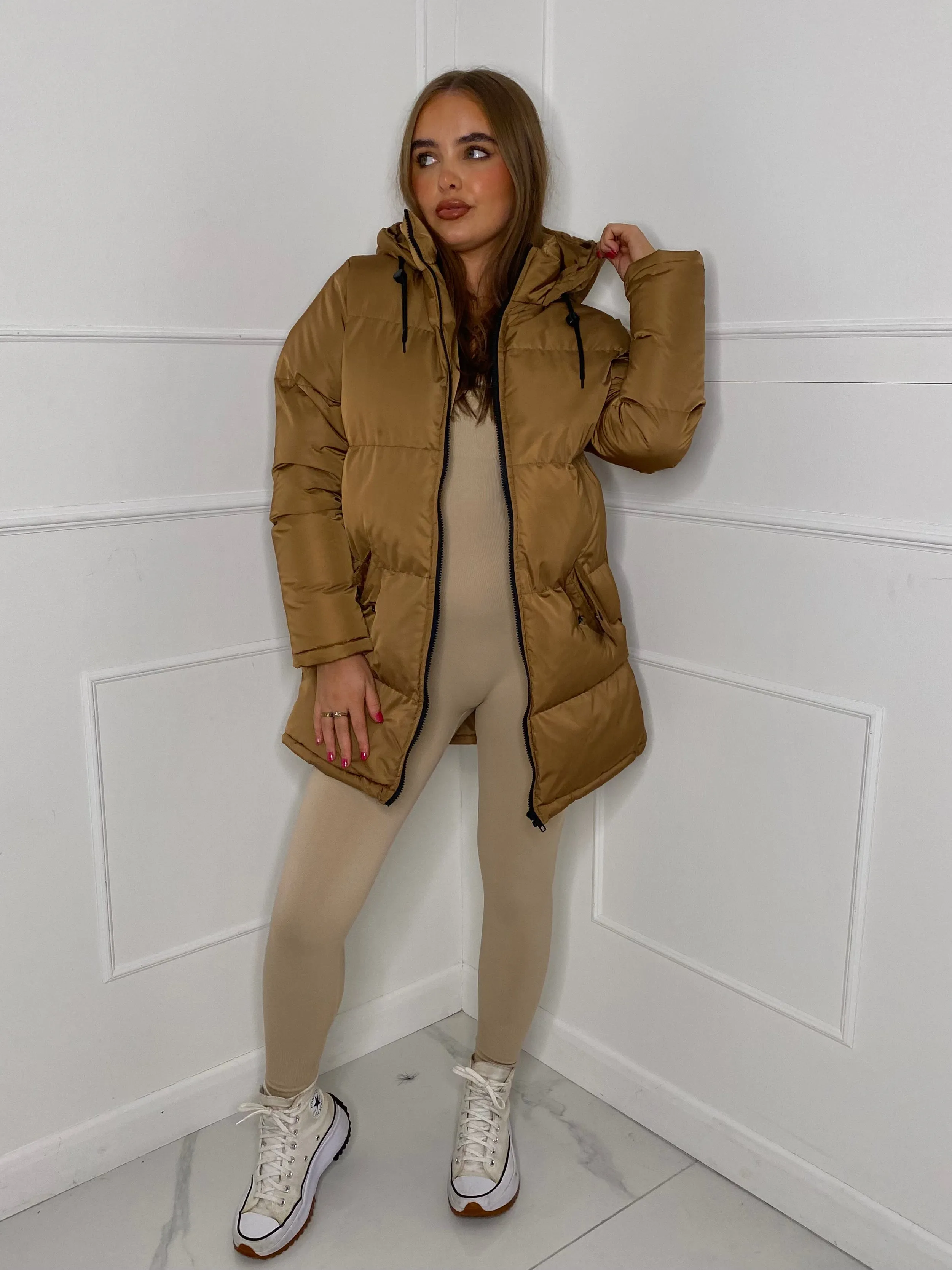 Drawstring Detail Long Parker Coat- Tan