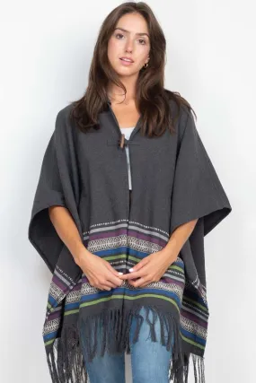 Jacauard Border Hooded Poncho