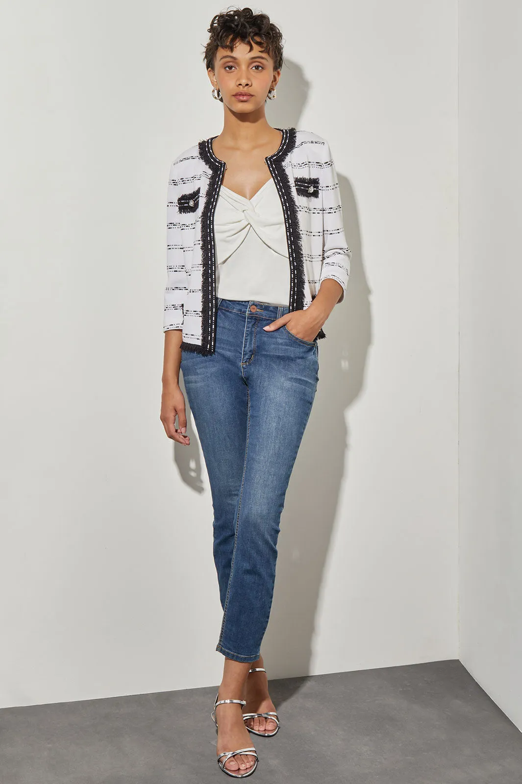 Jewel Neck Jacket - Fringe Trim Soft Knit