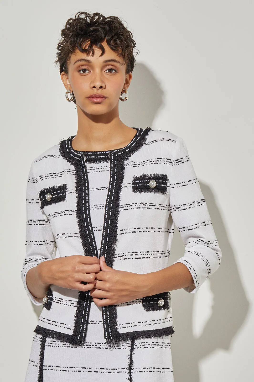 Jewel Neck Jacket - Fringe Trim Soft Knit