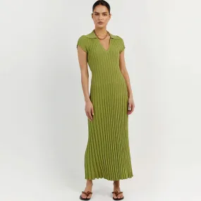 Minimalist Lettuce Trim Collared V Neck Short Sleeve Rib Knit Midi Dress