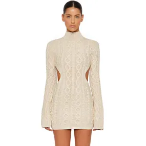 Sexy Apricot High Neck Fisherman Cable Knit Cutout Sweater Mini Dress